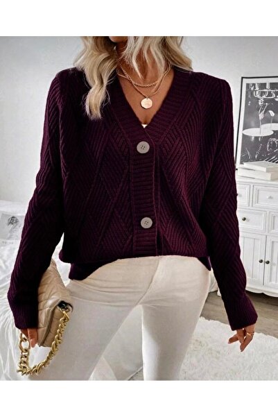 GNY TEXTİLE Buttoned Model Diamond Patterned Woven Detailed Long Sleeve Knitwear Cardigan