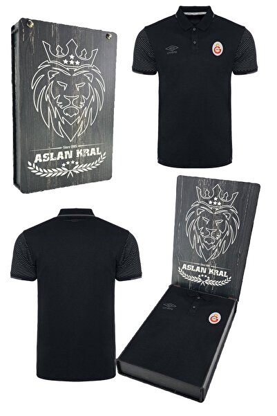 Galatasaray Γνήσιο μαύρο αθλητικό μπλουζάκι με γιακά πόλο με ξύλινο κουτί δώρου