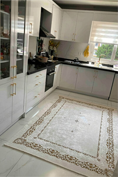 VOPTEKS Beyaz Gold Halı Mutfak Halısı Makinede Yıkanabilir Halı Kaymaz Taban ...