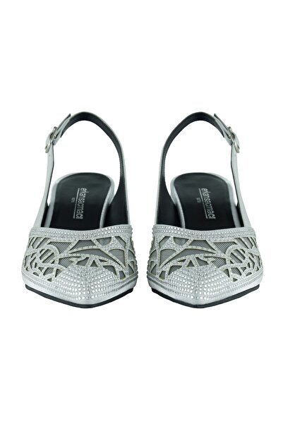 Erkan Saçmacı Estelle Silver Satin Stone Mesh Pointed Toe Thick Heeled Open Back Evening Dress Shoes