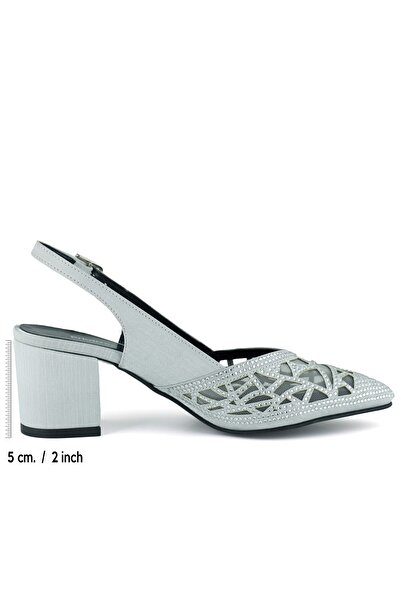 Erkan Saçmacı Estelle Silver Satin Stone Mesh Pointed Toe Thick Heeled Open Back Evening Dress Shoes
