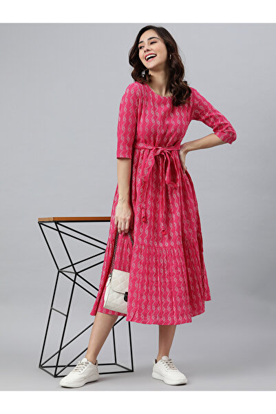 IndHeritage Premium pure cotton pink dress with ethnic prints & tie on the waist area - Indo Western wear