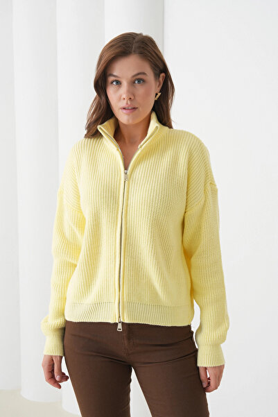 Park Karon سترة نسائية ياقة مرتفعة متوسطة الطول بسحاب للإغلاق قصة فضفاضة تريكو