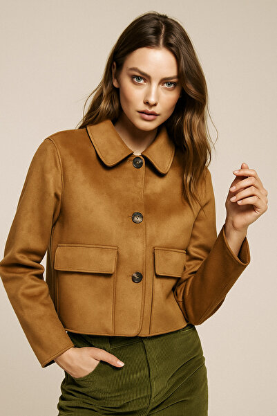 Rich Women's Camel Flap Patch Pocket Shirt Collar Buttoned Suede Jacket