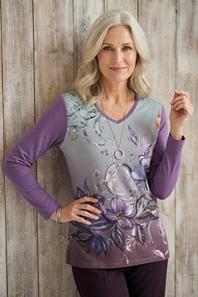 YXL COLLECTION Bluză pentru femei de mărime mare, mov, cu decolteu în V, cu flori digitale, cu cu imprimeu pietre, cu mânecă lungă, L material elastic Mother P bumbac moale