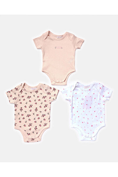 REDTAG Baby Pink And White Printed Bodysuit Set (3 Piece)