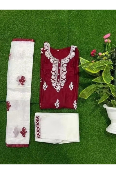 MYSMAR Maroon Rayon Cotton Kameez Salwar & Dupatta - PMM19250 | Maroon