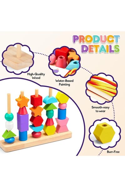 Generic Wooden Montessori 3-in-1 Color Sorting & Bead Sequencing Toy for Preschoolers
