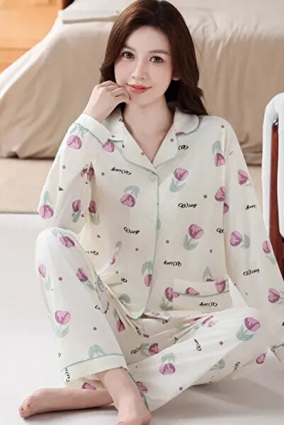 Muchmy Cozy Tulip Pattern Women's Home Lounge Night Sleepwear Two Piece Pajama Set