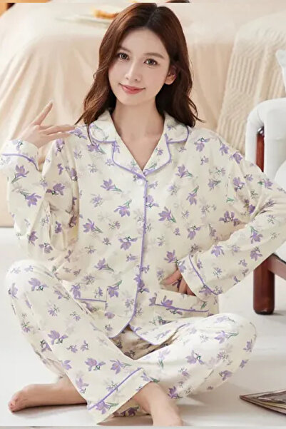 Muchmy Floral Pattern Button-Up Top High Waist Bottom Lounge Sleepwear 2 Pcs Womens Pajama Set