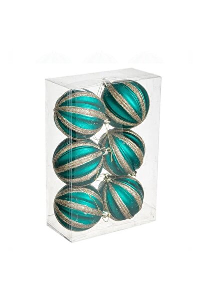 OEM Set of Christmas Baubles Petrol with Raised Stripes & Champagne Glitter Ø8cm - 6 pcs