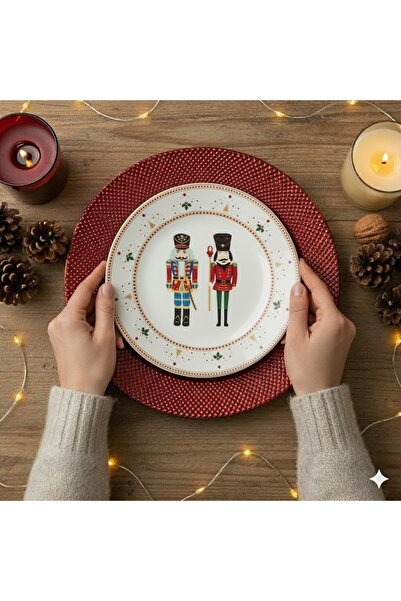 BREZIUM Set of 4 Christmas porcelain plates, 19 cm, White/Red