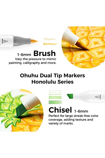 Ohuhu Honolulu Set of 60 Markers, Alcohol Based, Dual Tips Brush&Chisel, Multicolor