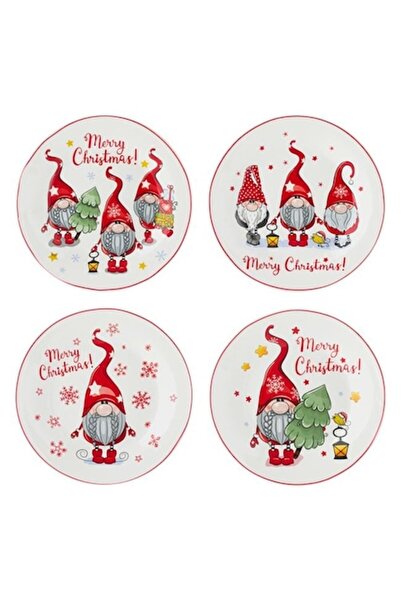 BREZIUM Set of 4 Christmas porcelain plates, 19 cm, Red/White