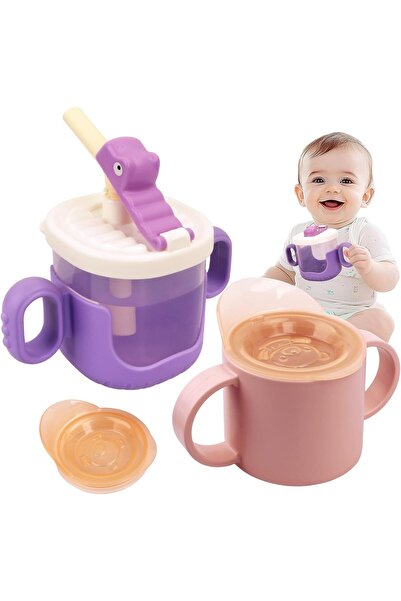 Homarket Spill-Proof Toddler Cups, 2-Pack (150ml + 300ml) with Handles & Straw Lid — Purple & Pink