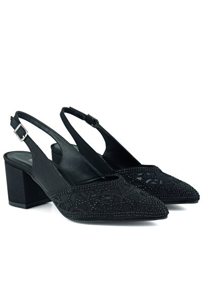 Erkan Saçmacı Estelle Black Satin Stone Mesh Pointed Toe Thick Heeled Open Back Evening Dress Shoes