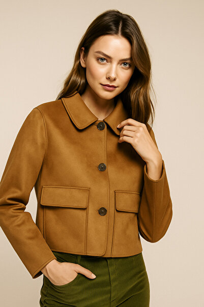 Rich Women's Camel Flap Patch Pocket Shirt Collar Buttoned Suede Jacket