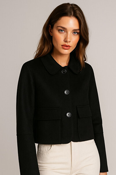 Rich Women's Black Flap Patch Pocket Shirt Collar Buttoned Suede Jacket
