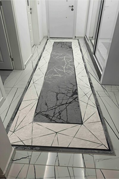 VOPTEKS Gri Beyaz Halı Yolluk Makinede Yıkanabilir Halı Kaymaz Taban Halı