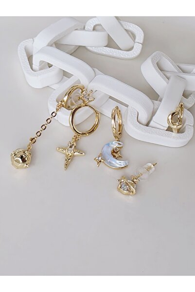 Özce 6-Piece Gold Color Earring Set with Moon, Planet, and Star Figures