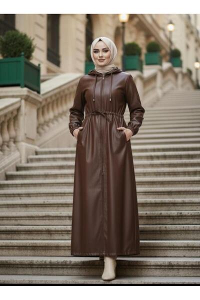 Hb Harma Time Butik Γυναικείο καπάκι με με κουκούλα φερμουάρ εσωτερικά επένδυση fleece καφέ δερμάτινο καπάκι