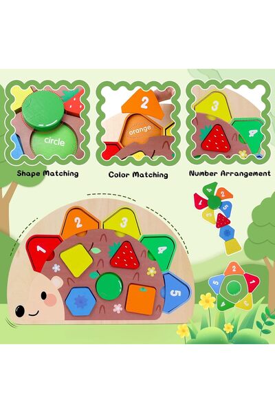 Generic Montessori Wooden Hedgehog Puzzle - 10-Piece Shape & Color Sorting Toy for Ages 1-3