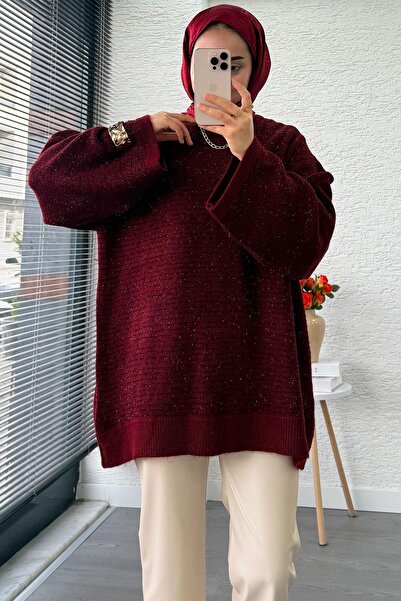 MELEK ARAZ Оверсайз дамски плетен пуловер с преход Sim – бордо