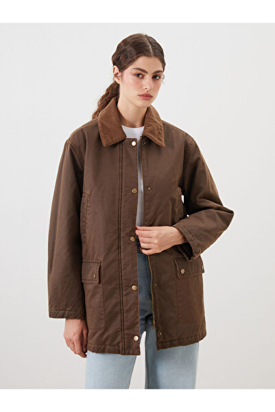 LC Waikiki LCW Modest Kahverengi Kadife Yaka Kadın Mont W5CH25Z8