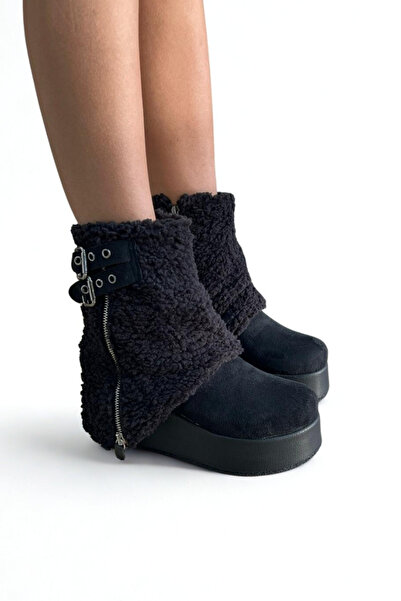 inizio Black Suede Fur Wedge Heel Women's Boots V4246