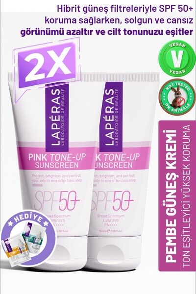 LAPERAS Aydınlatıcı Ton Eşitleyici Yüksek Koruma Spf 50+ Nemlendirici Makyaj Bazı Pembe Güneş Kremi 2'li Pak