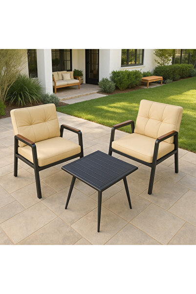 Ebticar Beige & Black Outdoor Tea Set with Foam Cushions – 2 Chairs & 1 Table