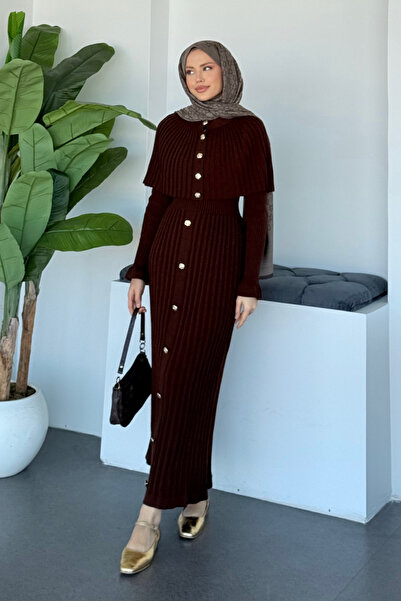 Şulemoda Giyim Çınar Cape Buttoned Suit Brown