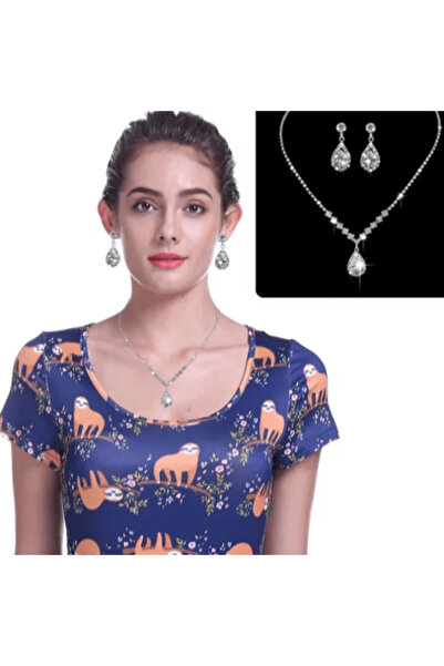 CRM Set elegant de bijuterii pentru femei: colier și cercei cu cristale strălucitoare, CRM, argint