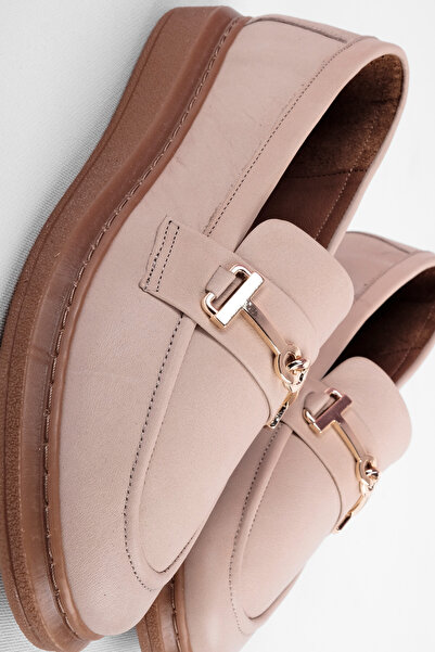 Lal Shoes & Bags Esila Women's Genuine Leather Silver Buckle Detailed Stitched Loafer Shoes 4288