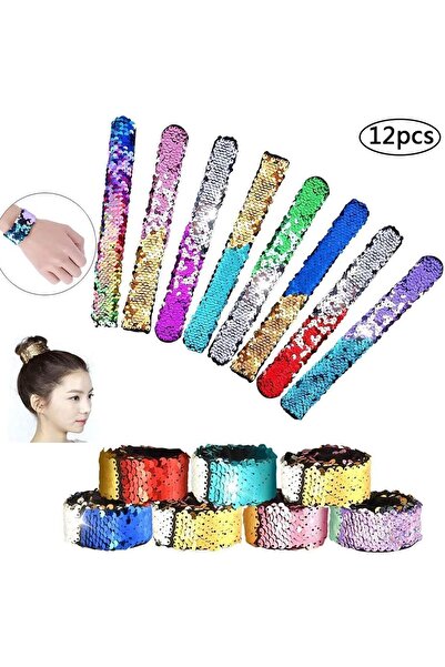 JZS 12 Pcs Mermaid Sequin Slap Bracelets for Kids