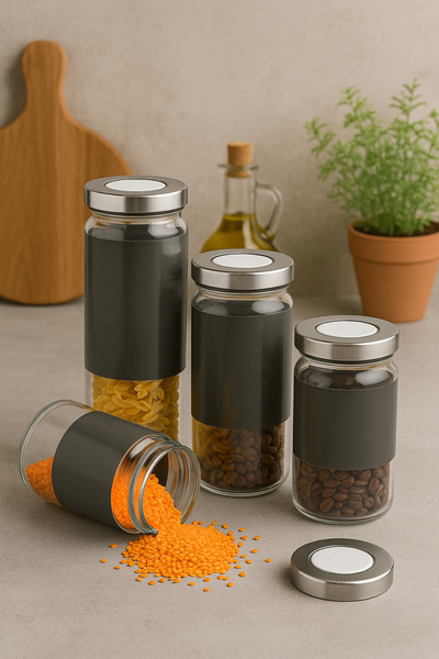 welcomein 4-Piece Glass Storage Jar Set – Airtight Food Storage Jars with Stainless Steel Lids, Gray Design