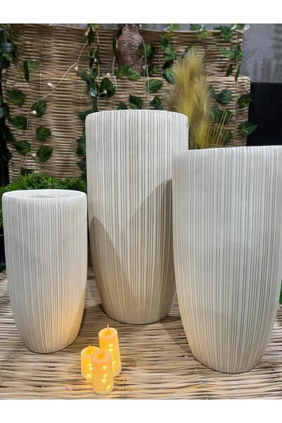 Ekodoğa 3'Lü Uzun Çizgili Hafif Beton Saksı Seti