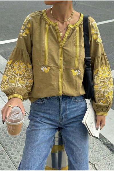 FEMELLE Women's Mustard Balloon Sleeve Embroidered Cotton Shirt