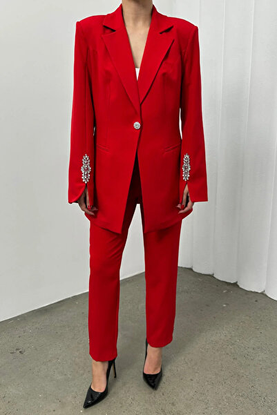 ZF BUTİK Women's Stone Detailed Double Pipe Leg Blazer Jacket Pants Set