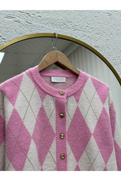 MİHRA STORE Capisa Gold Buttoned Diamond Pattern Bearded Cardigan-Kr5030 Pink