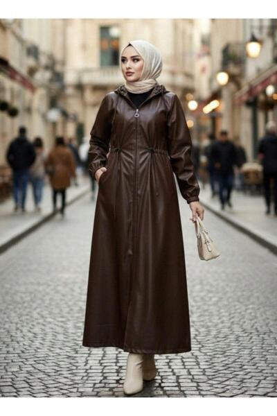 Hb Harma Time Butik Γυναικείο καπάκι με με κουκούλα φερμουάρ εσωτερικά επένδυση fleece καφέ δερμάτινο καπάκι