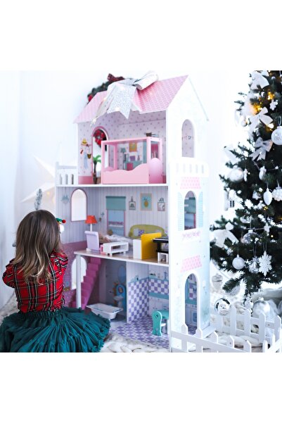 mamabrum XXL Cea mai mare casă de păpuși din lemn - 123 cm - iluminată cu LED-uri