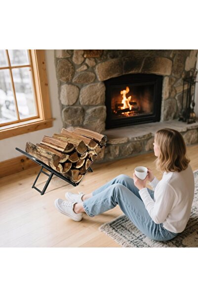 SOMINECO Katlanabilir Çelik Boru Şömine Odunluğu Siyah Metal Firewood Rack İç/Dış Mekân Odun Depolama Standı