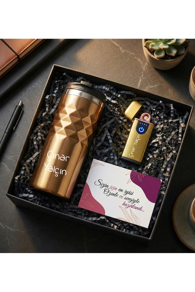 vegahediye v vega Kişiye Özel Geometrik Termos Bardak 300mL. & USB Alevsiz El...