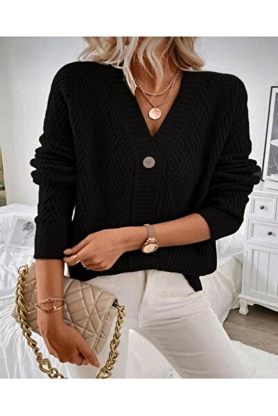 GNY TEXTİLE Buttoned Model Diamond Patterned Woven Detailed Long Sleeve Knitwear Cardigan