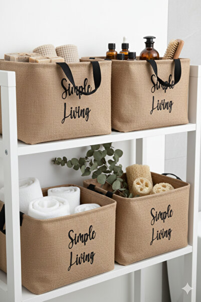 HomyJRs 4-Piece Jute Simple Living Printed Small Size Organizer Storage Basket 15X25X18