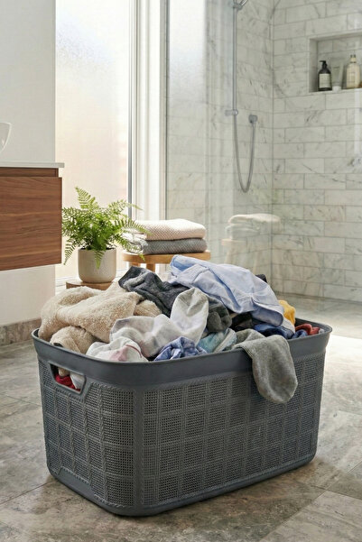 Poomy 35 Lt Örgü Desenli Plastik Çamaşır Sepeti - Krem Rengi Temiz Çamaşır Se...