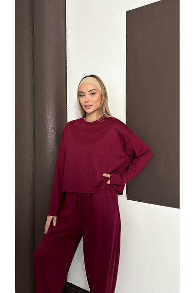 mielva Women's Burgundy Oversized Tracksuit Set Comfortable Fit Sweatshirt and Elastic Leg Bottom