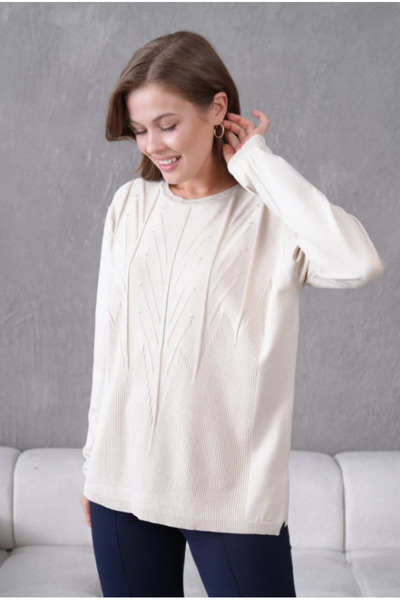 Stilmony Women's Minimal Line Embossed Thin Knitwear Round Neck Sweater