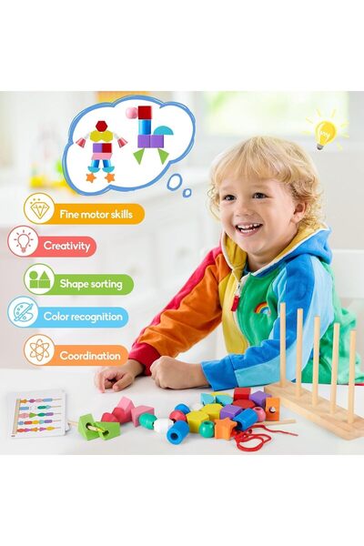 Generic Wooden Montessori 3-in-1 Color Sorting & Bead Sequencing Toy for Preschoolers